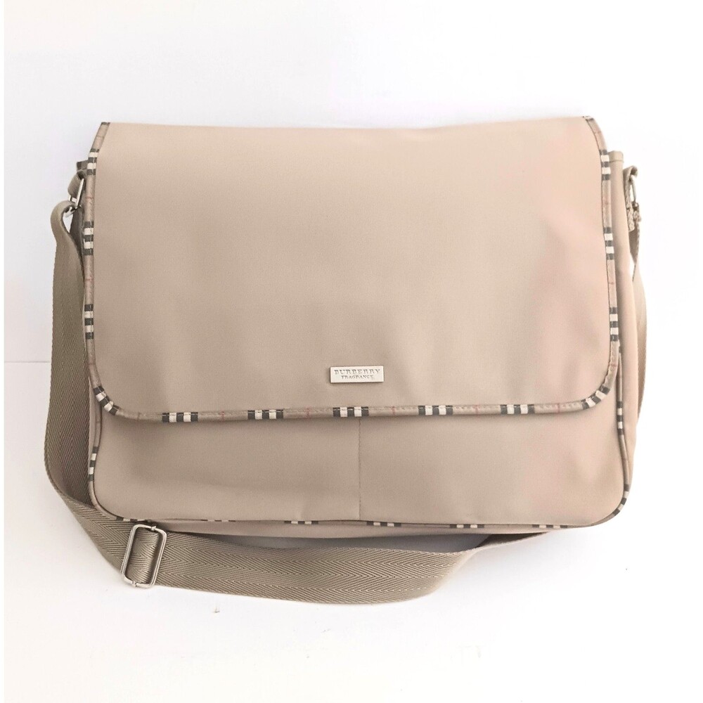 Burberry Fragrance Khaki Nylon Lg Messenger Bag Nova Check Piping Trim Adj Strap - Picture 4 of 16
